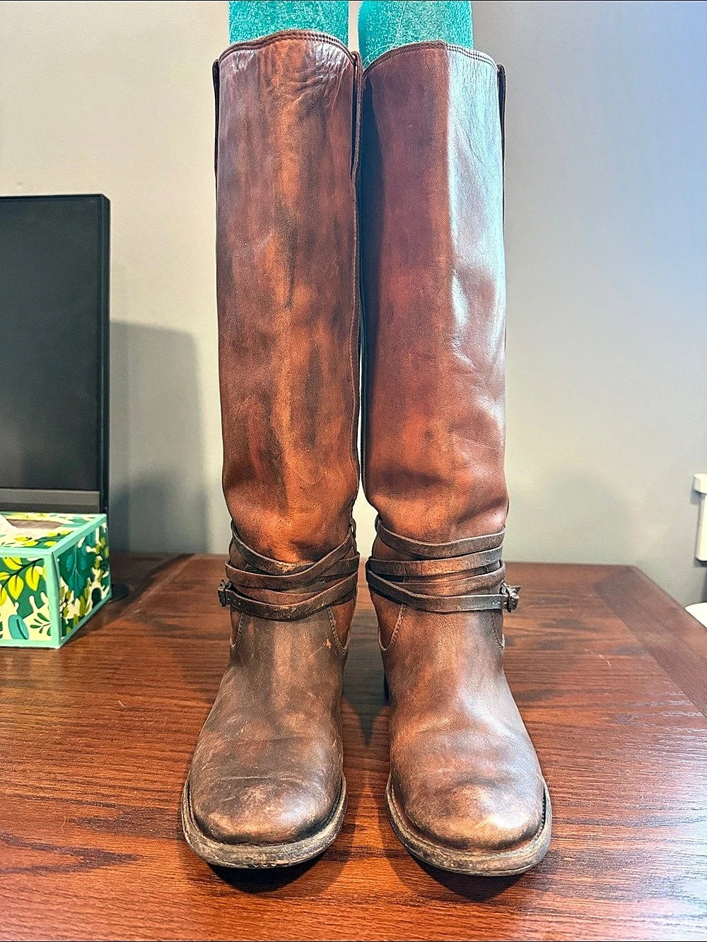 Frye Melissa Button Harness Boot Brown Leather Tall Boots